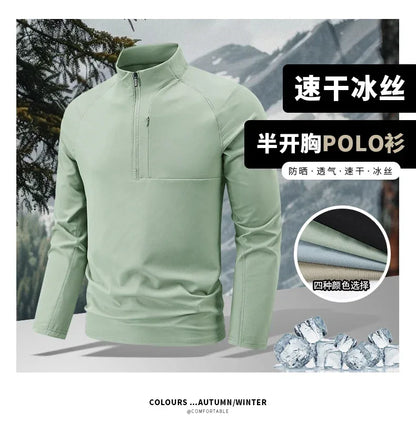 Quick Dry Men's Polo Shirt Stand Collar Pullover Male Long Sleeve Half Zipper Spring Big Size Plus Large 6XL 7XL 8XL Sport Golf