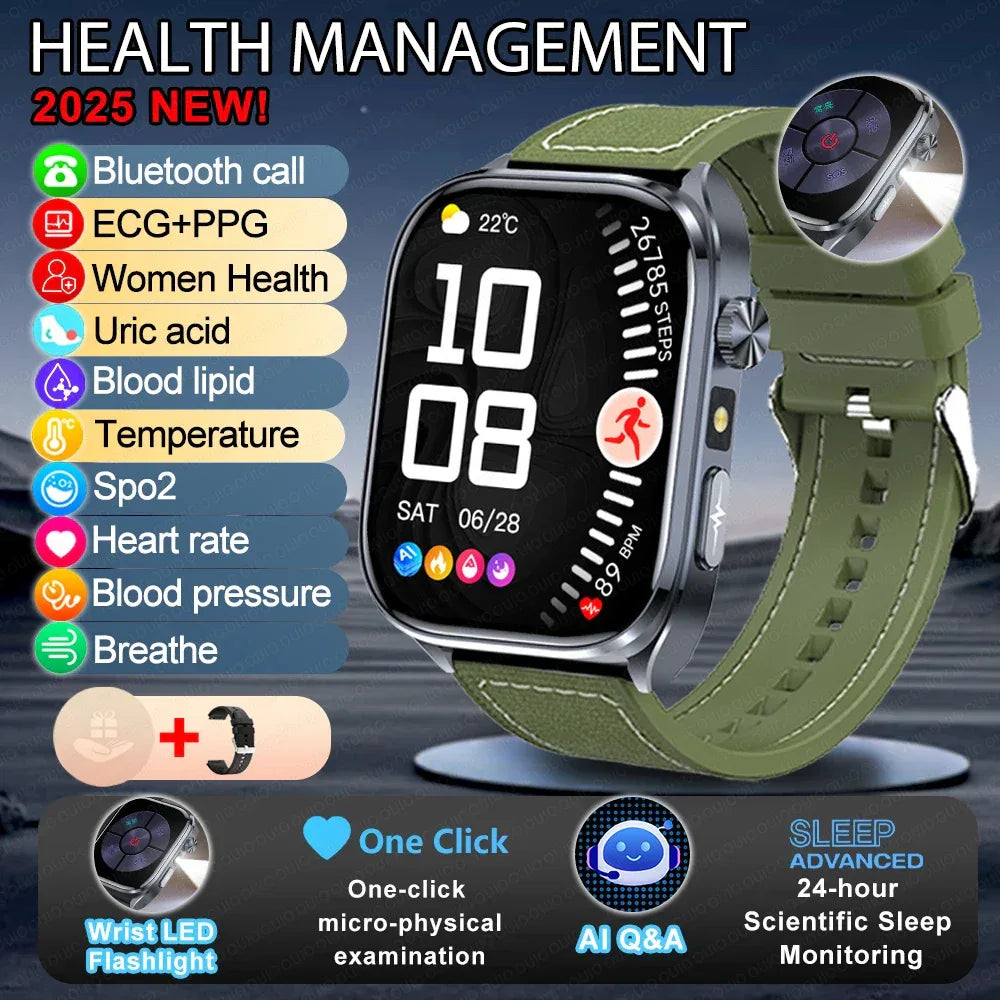 New Uric Acid Blood Lipids AI-GPT ECG Smartwatch Micro Physical Examination Body Analysis Men BT Call LED Flashlight Smartwatch