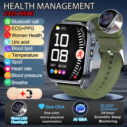 New Uric Acid Blood Lipids AI-GPT ECG Smartwatch Micro Physical Examination Body Analysis Men BT Call LED Flashlight Smartwatch