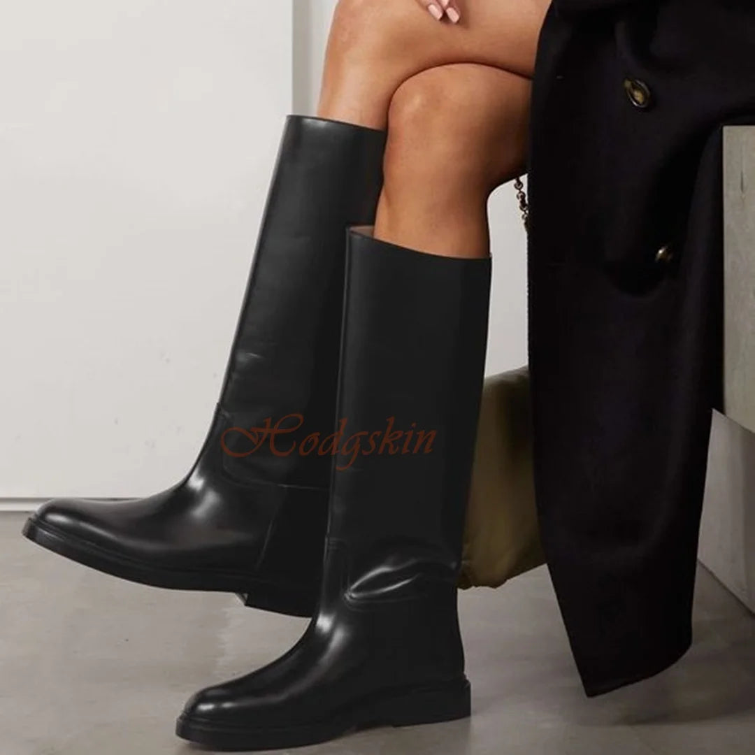 Genuine Leather Casual Boots Round Toe Chunky Med Heels Solid Slip On Trouser Boots Knee High Autumn Women Sexy Luxury Shoes