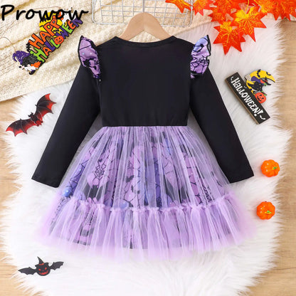 Prowow 2-8Y Kids Purple Halloween Dresses For Girls Long Sleeve Princess Mesh Spooky Spider Dress Children Halloween Costumes