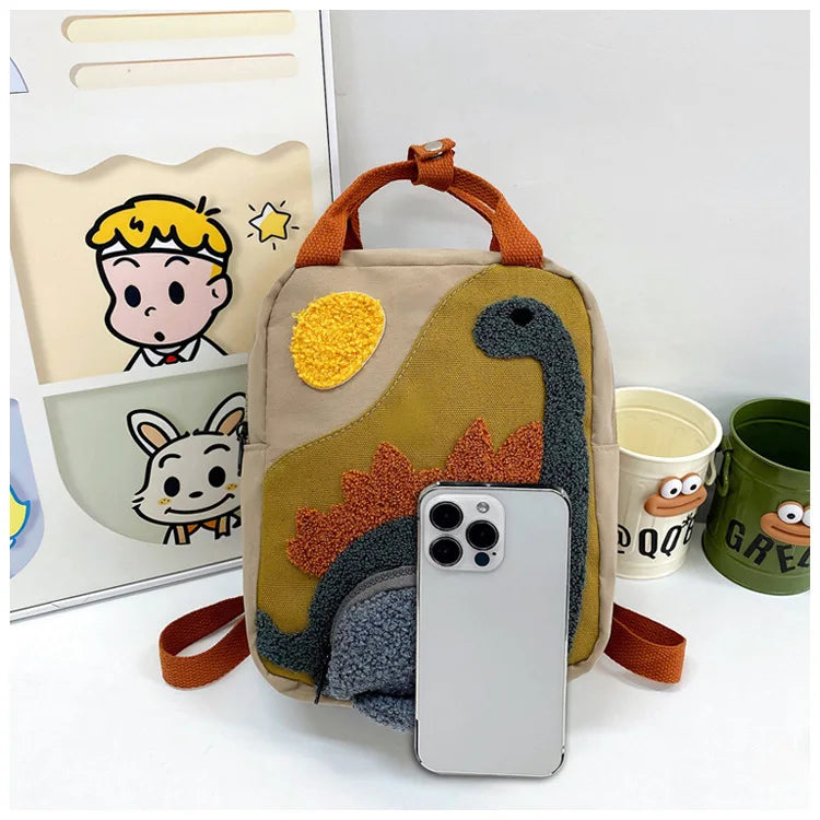 New Embroidery Sun Long Neck Small Dinosaur Backpack Hook Hair Embroidered Cartoon Canvas Kindergarten Children Backpack