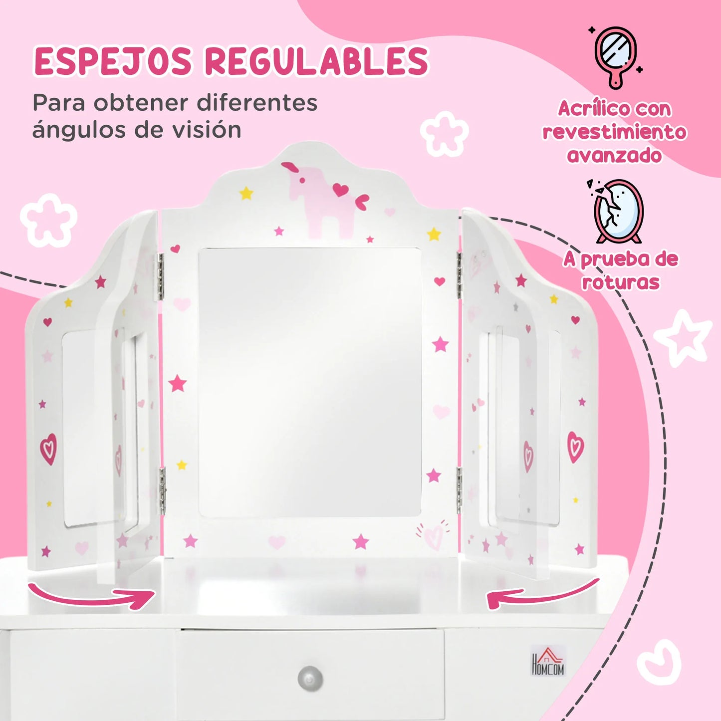 Homcom Wooden Children's Dressing Table with Mirror Stool Drawer Makeup Table Pink