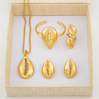 Jewelry Set Copper Women African Shell Shape Design Earrings Pendant Bracelet Ring Dubai Arab Turkis Jewelry
