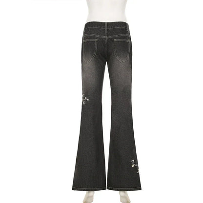 Floral Embroidery Jeans Women Y2K Streetwear Baggy Denim Pants Vintage 2000S Low Rise Flared Jeans Female High Street Trousers