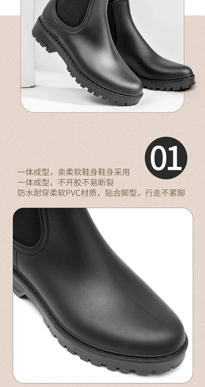 Women's short tube anti slip rain shoes, lightweight waterproof water shoes, fashionable Chelsea rain boots, PVC one-time moldin