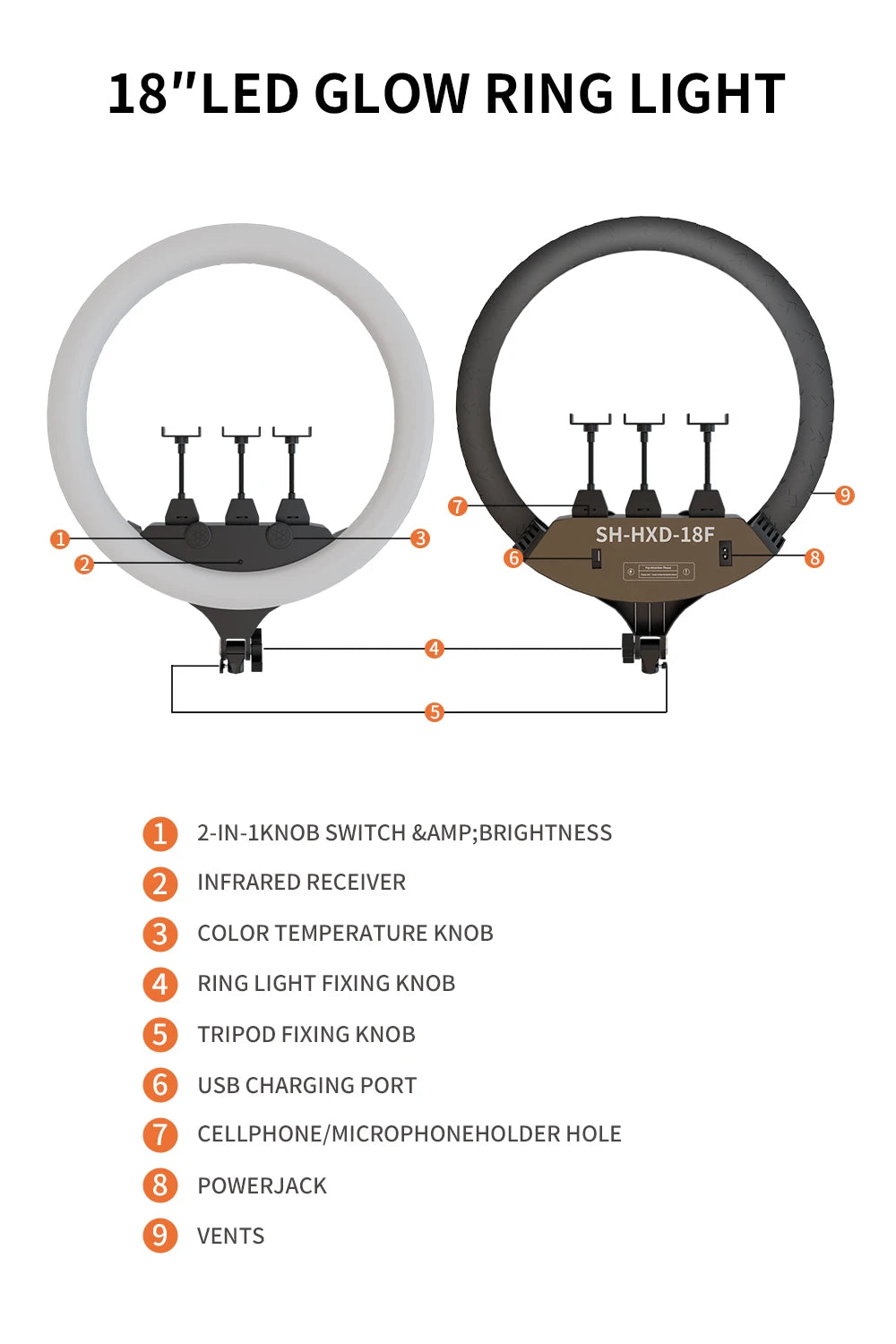 SH Ring Light 18inch Kit 36W 6500K Professional LED Control Stand Phone Holder Tube  Bag for Tattoo Lash Extension Barber Light