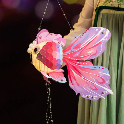 1 Set Goldfish Paper Lantern with Pole DIY Handmade Lantern Chinese New Year Mid-Autumn Festival Fish Night Light Material Bag