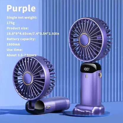 Portable Handheld Mini Fan 3000mAh Foldable Neck Hanging Fans 5 Speed Adjust USB Charge Fan with Phone Stand and Display Screen