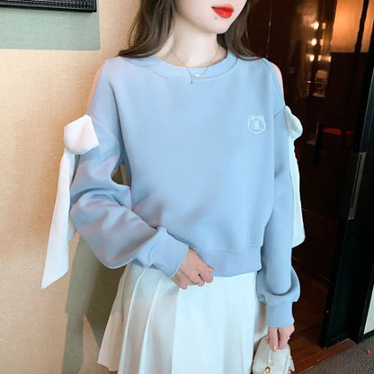 Off The Shoulder Sweatshirt For Women Harajuku Fashion Youthful Clothes Sport Essential New In Basic Blue Woman Pullover Tops