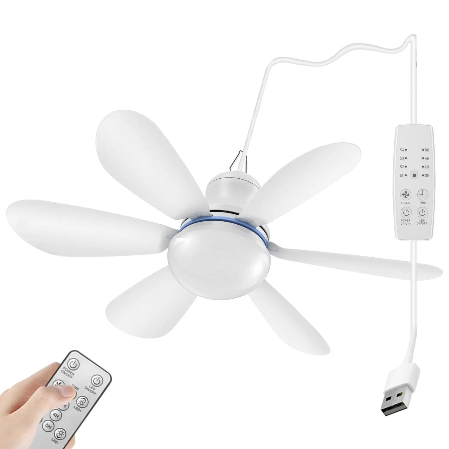 XIAOTREE Silent 6 Leaves USB Ceiling Fan, Optional Remote Control Timing, 4 Speed Hanging Fan for Camping Dormitory Tent