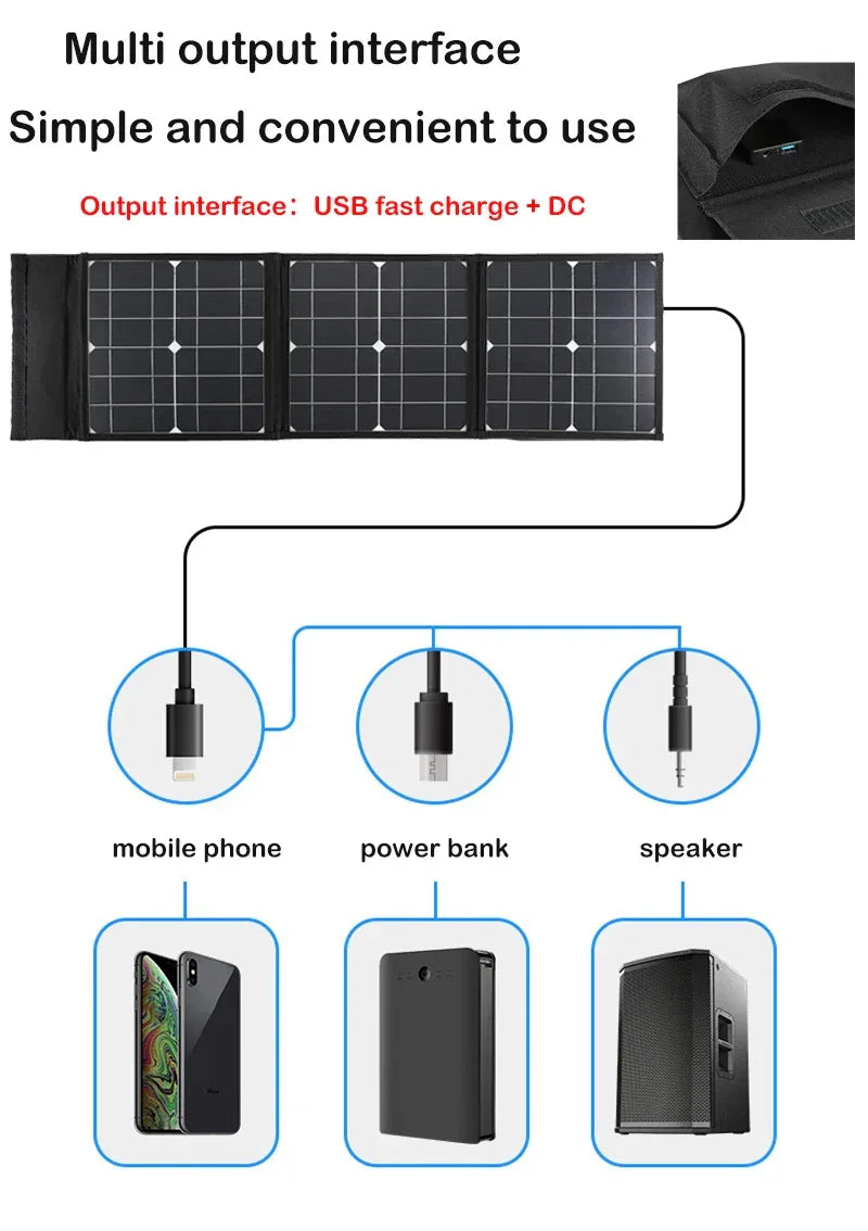 DC+USB Fast Charge 18V 100W Foldable Solar Panel Portable Solar Battery Charger Power Bank for Phone Camping Van RV Outdoor