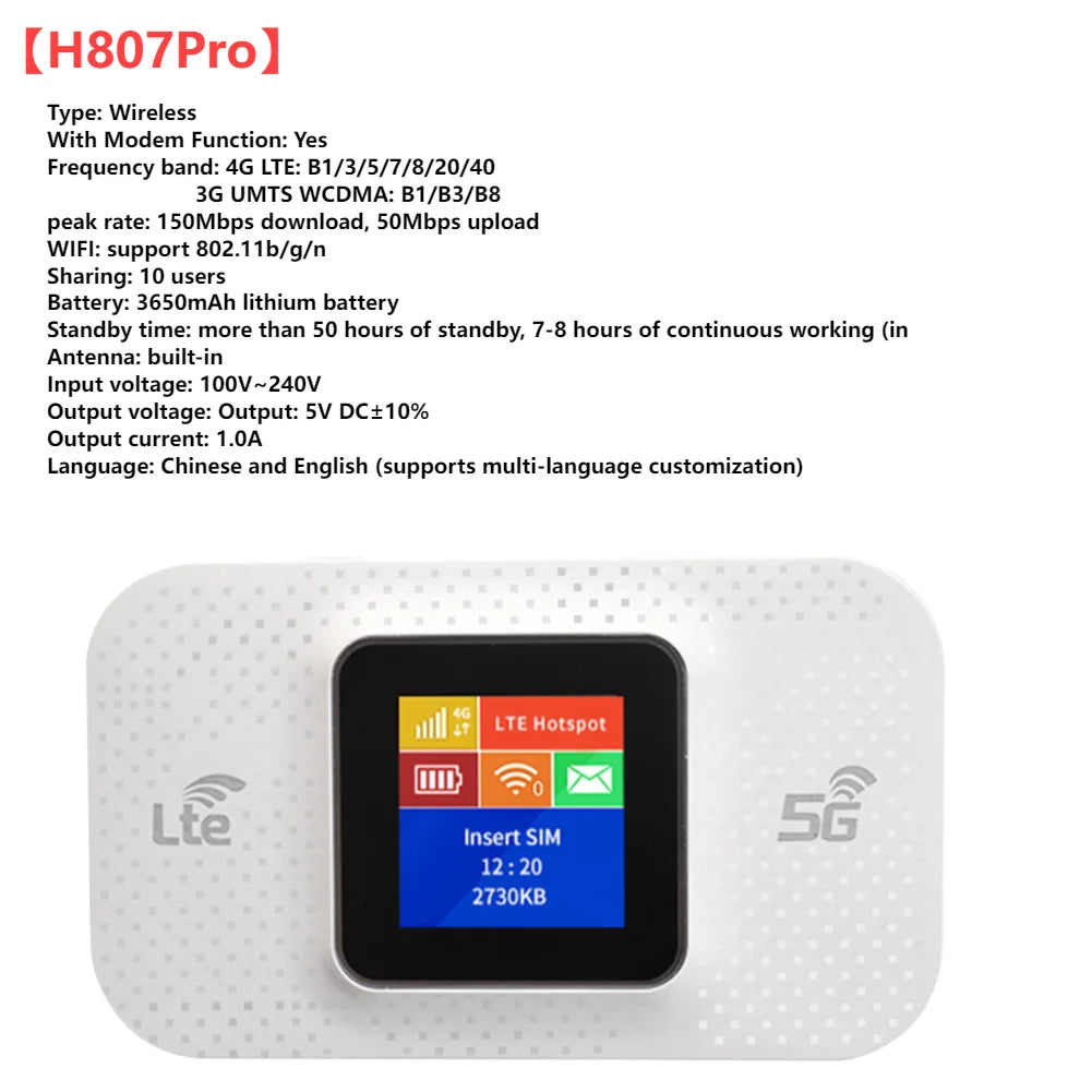 4G LTE Mini Outdoor Hotspot Sim Card Slot Wireless Router 2100mAh Portable Network Hotspot Device Colorful LED Display