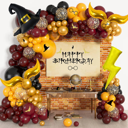 Kit d'arche de ballons magiques pour école de sorciers, avec chapeau de sorcier Vif d'or bordeaux, noir et or, pour une fête d'anniversaire sur le thème de la magie ou d'Halloween.