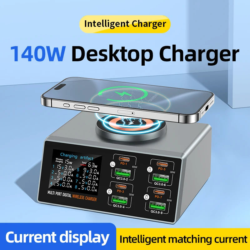 New 140W Multi-Function Charger Wireless Charger 8-Port PD+QC USB Type-C Quick Charger Home Travel Office Convenient