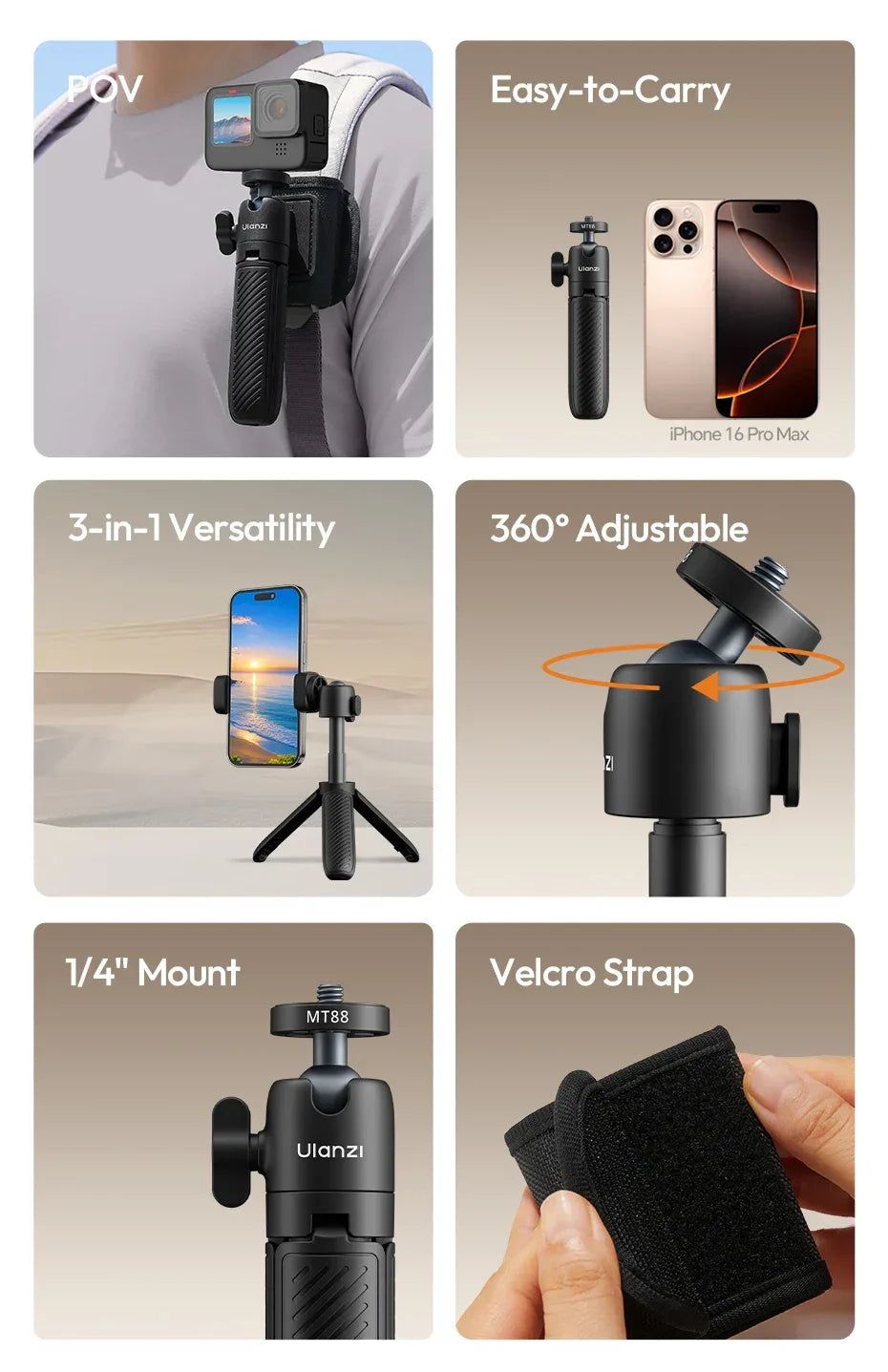 Ulanzi MT88 ClipMate Tripod Backpack Clip Selfie Stick Mode Extendable Tripod Mode Travel Photography Livestreaming Vlog Shots
