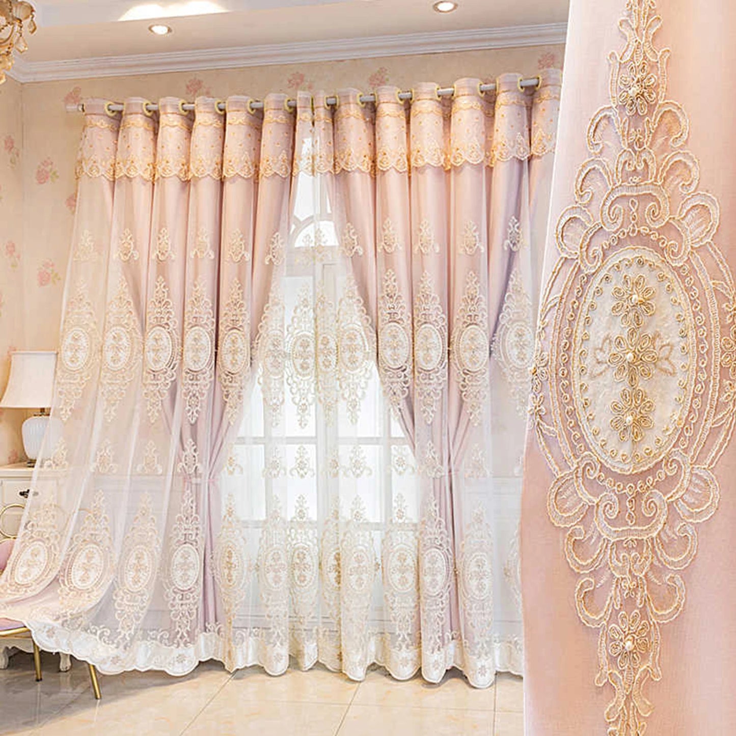 1pc Luxurious Pink Embroidered Blackout Curtain UV Protection Thermal Insulation Easy Hang For Living Room Bedroom Office Decor