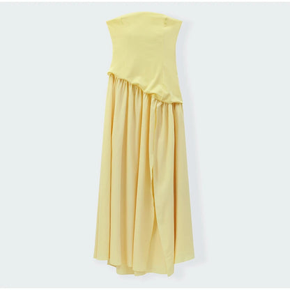 Butter Yellow Mesh Splicing Long Dress Elegant Strapless Split Backless Pleated Gowns For Women 2026 Lady Evening Party Gowns