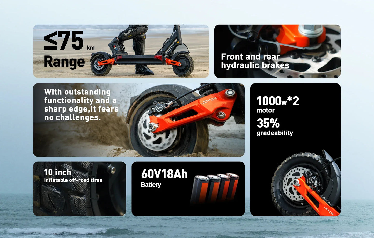 JOYOR T10 Adult Electric Scooter 1000W*2 Motor 60V18AH Battery Off-Road Escooter 10" Off-Road Tire Foldable E-Scooter