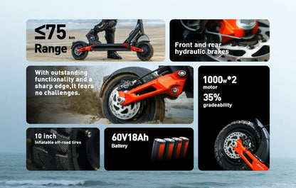 JOYOR T10 Adult Electric Scooter 1000W*2 Motor 60V18AH Battery Off-Road Escooter 10" Off-Road Tire Foldable E-Scooter