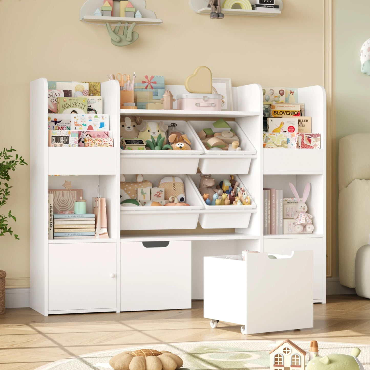 Getone Toy Storage Unit Children's Bookshelf Kid's Room Furniture Bookcase with 4 Boxing 2 boxing rolls 13 shelves 126x30x104cm