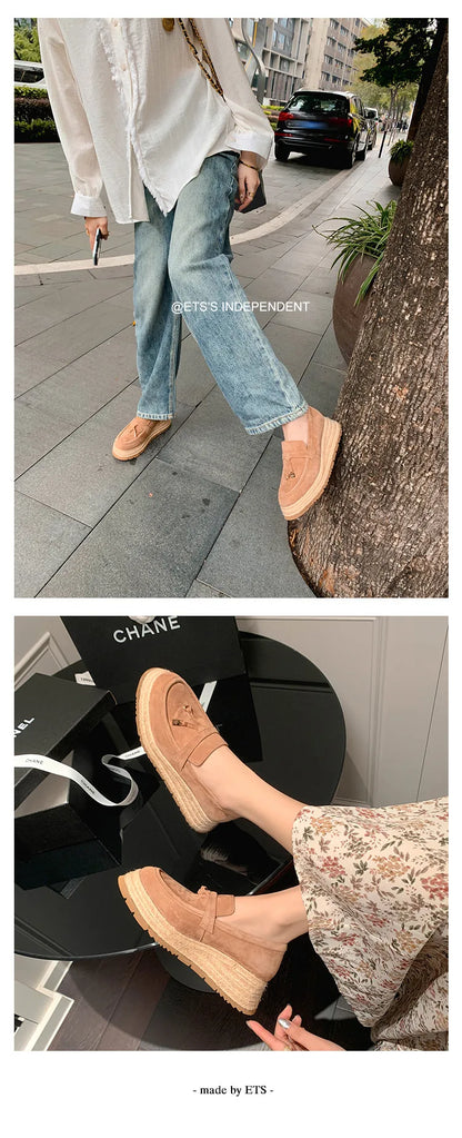 MKKHOU Fashion Loafers New High Quality Real Leather Suede Vintage Straw Braid Platform Shoes Daily Casual Light Shoes Neutral