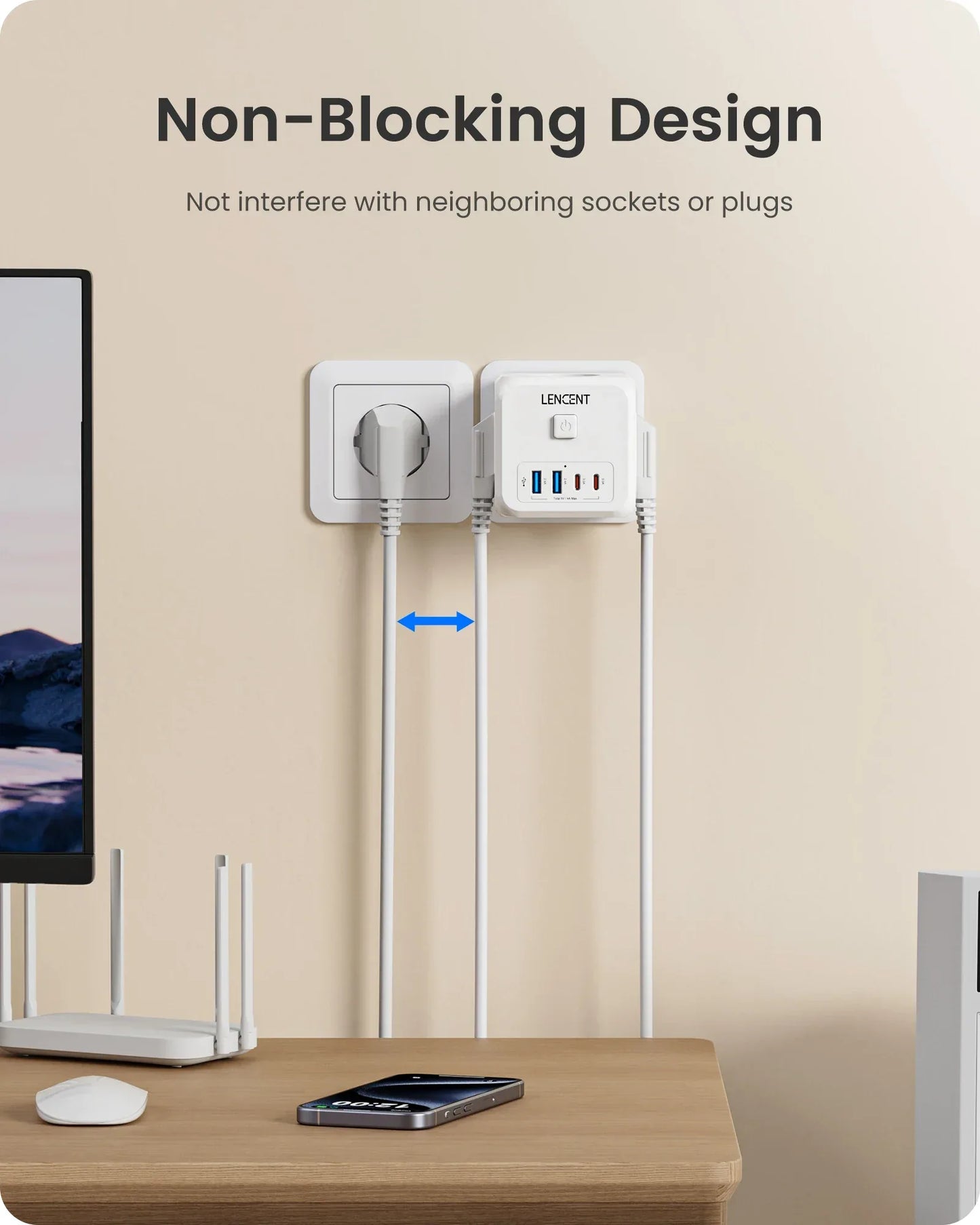 LENCENT Multi USB Wall Socket Cube with 3AC Outlets USB-A and Type C 7-in-1 Power Strip EU Plug Socket On/Off Switch for Home