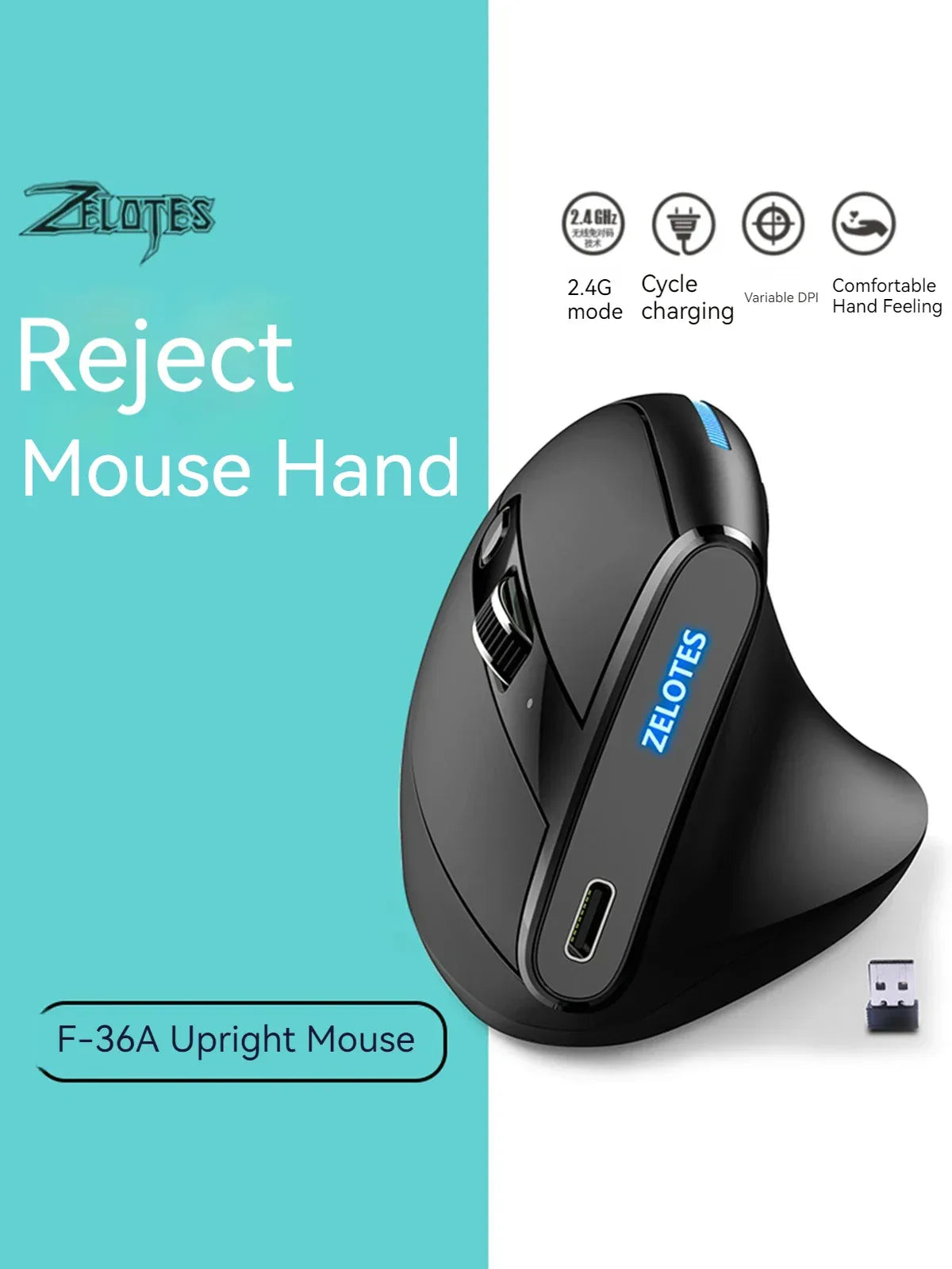 Zelotes F-35 Wireless Gaming Mouse Vertical Rechargeable 6 Key Mice 2.4G 3 Level DPI Adjustable Office/Gaming Computer Mouse