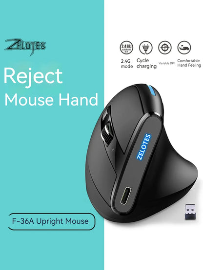 Zelotes F-35 Wireless Gaming Mouse Vertical Rechargeable 6 Key Mice 2.4G 3 Level DPI Adjustable Office/Gaming Computer Mouse