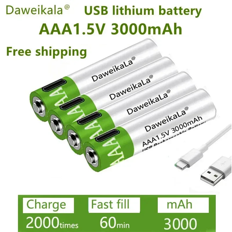 New 1.5V AAA grade lithium-ion battery with 3000mAh capacit USB rechargeable battery suitable forRomote Control LED toy keyboard