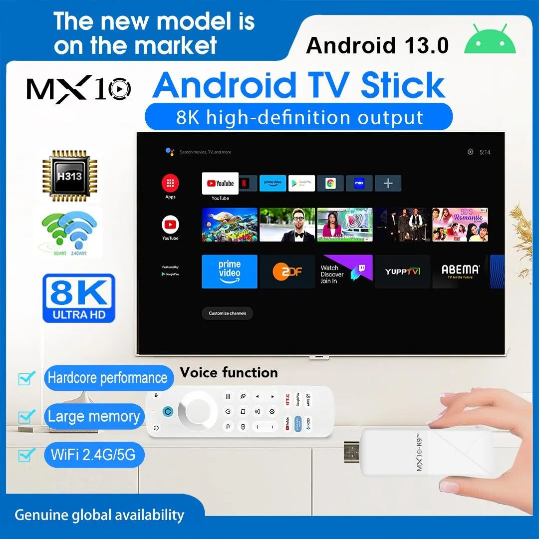 Smart TV Stick MX10 K9PRO Android 13 Dual-Band WiFi2.4G+5G BT5.0 Support Voice Control 2GB+16GB Chromecast TV Stick
