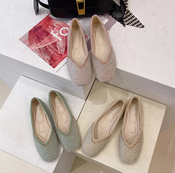 Shoes for Woman 2025 Diamond Flats Women's Summer Footwear Flat Square Toe Pink with Crystals Rhinestone Office 39 Beau Today E