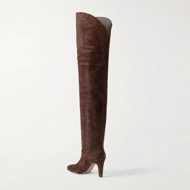 Autumn and Winter Women's Thick High-heeled Knee High Boots, Round Headed Cowhide Suede Fashionable Women's Plus Size Boots