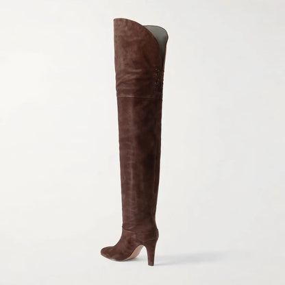 Autumn and Winter Women's Thick High-heeled Knee High Boots, Round Headed Cowhide Suede Fashionable Women's Plus Size Boots