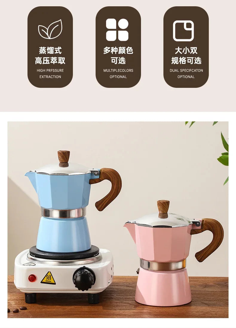 Electric Octagonal 3 Cup Black Coffee Maker Double Valve Moka Coffee Pot Espresso Aluminum Alloy Stainless Steel Moka Pot Set
