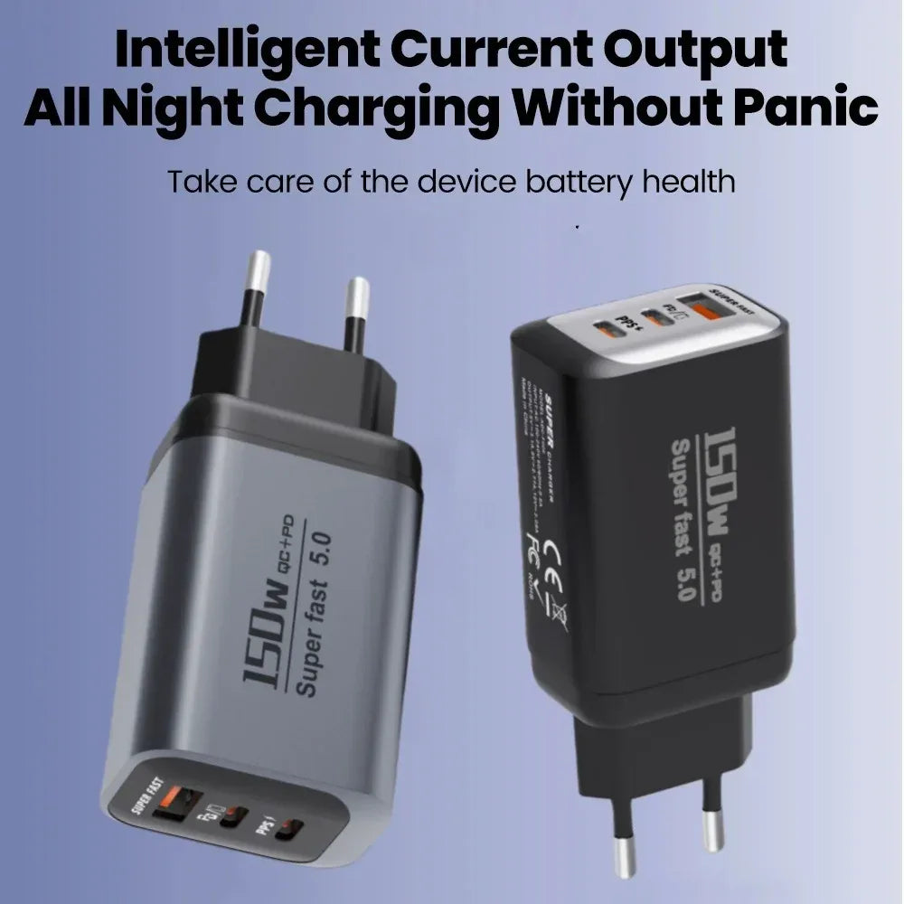 Multi Ports USB Type C Fast Charger 150W Super Charging Wall EU/US/UK Plug Charger Quick Charge3.0 USB Adapter PD3.0 Charge Head