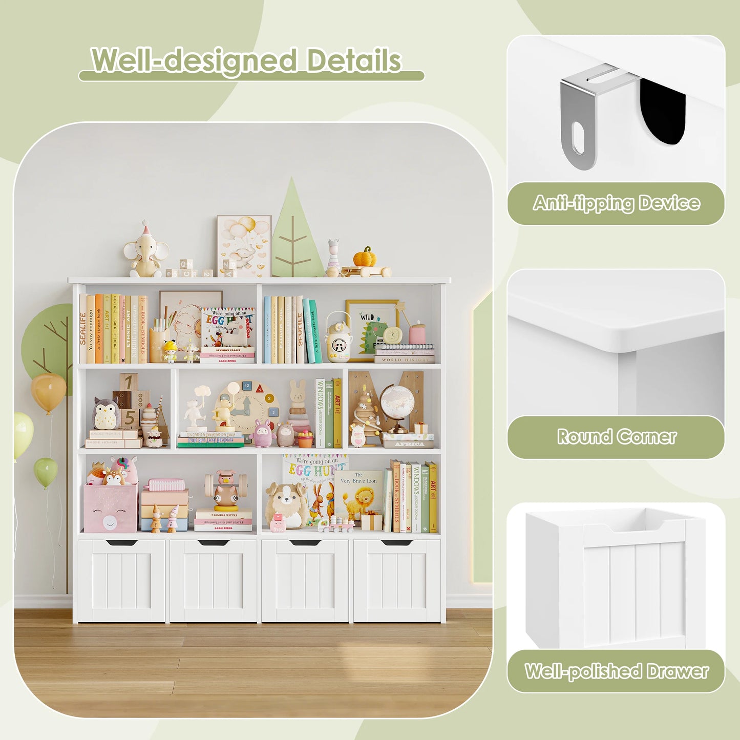 Getone Kids Toy Storage Unit Childrens Bookcase with 4 roller drawers 8 shelves Toy Organiser Kids Bookshelf for Nursery Playroom 125.5x33x118cm White/ Pink