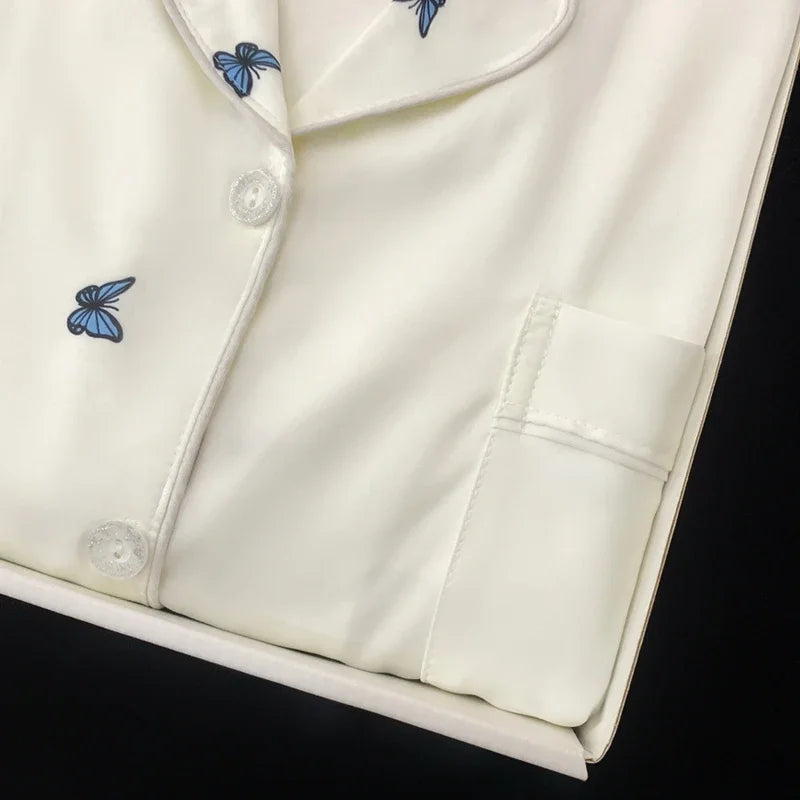 French Elegant Romantic Butterfly Print Women Pajamas Simple Ins Literary Aesthetics Sleepwear 2024 Fall Winter New Y2k Lounges