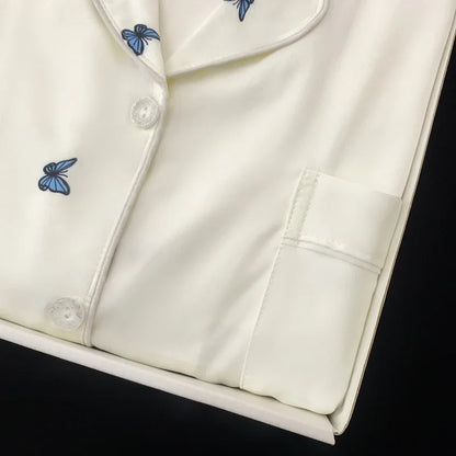 French Elegant Romantic Butterfly Print Women Pajamas Simple Ins Literary Aesthetics Sleepwear 2024 Fall Winter New Y2k Lounges