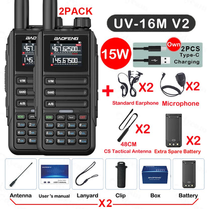 2Pack Baofeng 15W 50KM Waterproof Walkie Talkie 999CH AM FM 2-Way Radio Full Band LCD Screen Frequency Copy Noise Reduce UV16M