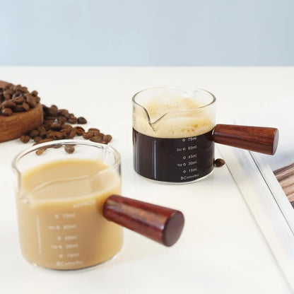 Clear Glass 75ML  Espresso Shot Glasses with Wooden Handle Measuring Cup Coffee Cup High Borosilicate Glass Pitcher Barista