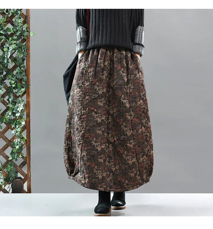 Careaymade New Autumn Winter Print Cotton Skirt Women Elastic Waist Thick Warm Long Skirts Female Loose Vintage Skirts