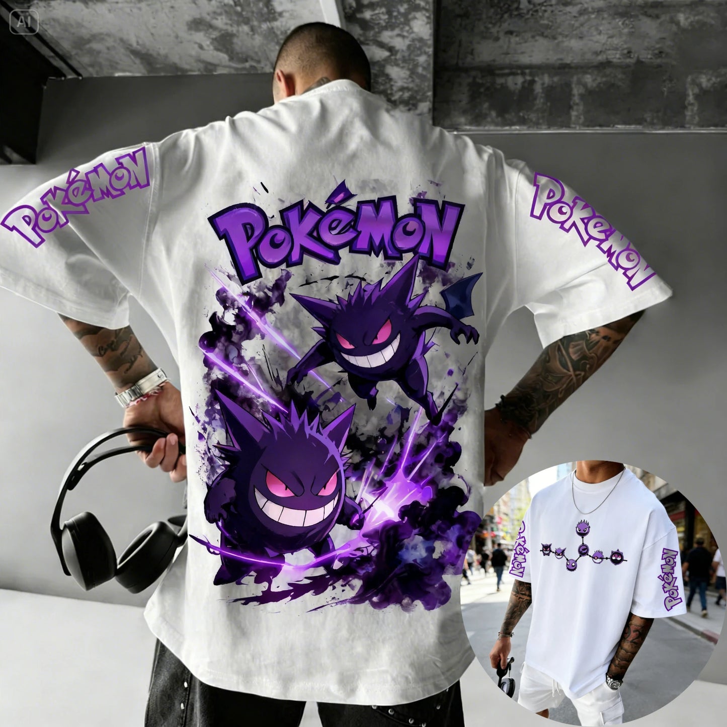Men's T Shirt Sports T Shirt Short Sleeve T Shirt Purple Gengar Back Print Red Eyes Sharp Teeth with Smoke Sleeve Patterns