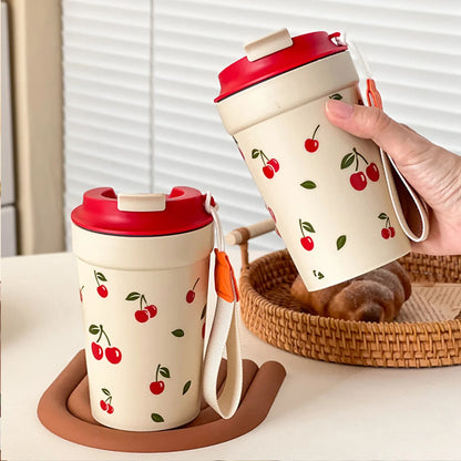 350/400ML Plastic Coffee Mug With Cherry Pattern Travel Portable Water Bottle Tumbler Sealed Leak Proof Drinking Cup Drinkware