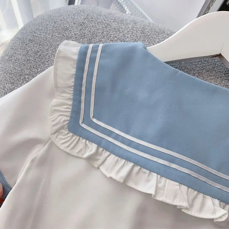 2025 autumn winter sailor T shirt blouse + jk pleated skirt toddler girls cotton teenager children  6 7 8 9 10 11 12 year