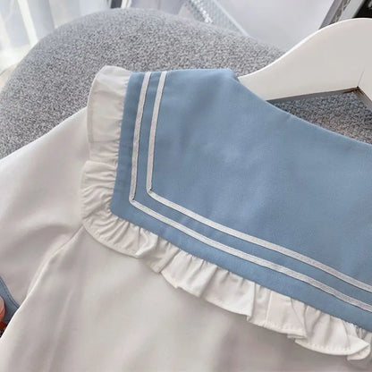 2025 autumn winter sailor T shirt blouse + jk pleated skirt toddler girls cotton teenager children  6 7 8 9 10 11 12 year