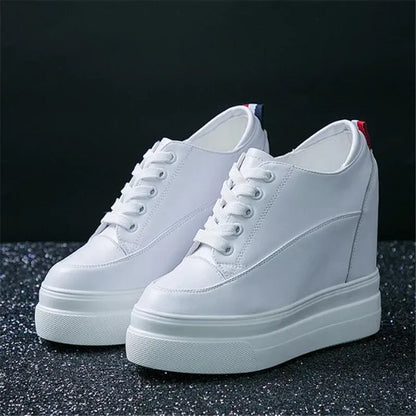 Genuine leather 10cm Increase Flat Platform Shoes Female Thick Sole Students Casual Shoes Woman  Lace Up Solid   Women Shoes