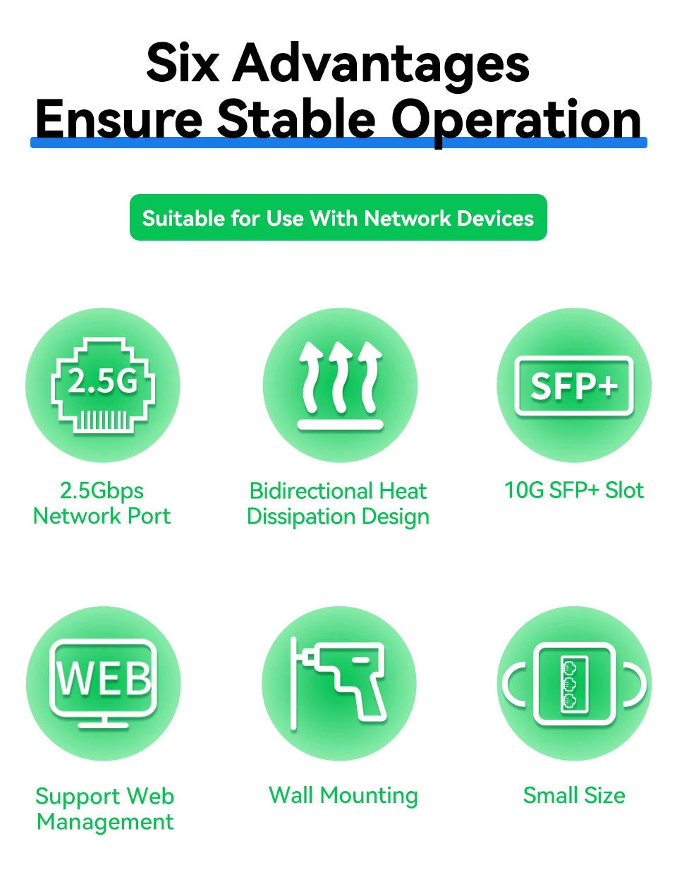 GoodTop 2.5GbE Managed Switch 6 Port 2.5GBASE-T Network Switcher 10G SFP+ Slot Uplink Web Managed Hub Internet Splitter Fanless