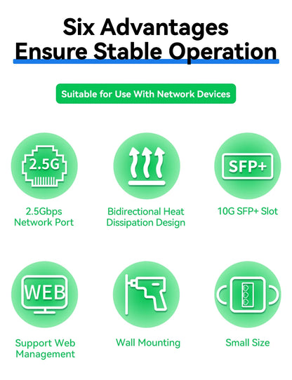 GoodTop 2.5GbE Managed Switch 6 Port 2.5GBASE-T Network Switcher 10G SFP+ Slot Uplink Web Managed Hub Internet Splitter Fanless