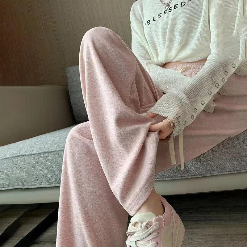 Pantalon d'automne-hiver en peluche pour femme, coupe droite et évasée, taille haute élastique, style décontracté et tendance, en laine tricotée.